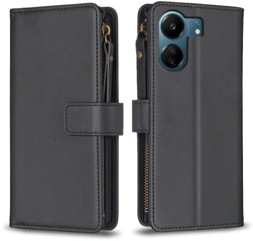 Για Xiaomi Redmi 13C 9 Card Slots φερμουάρ πορτοφόλι δέρμα Flip υπόθεση τηλεφώνου (μαύρο)