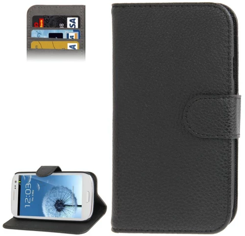 Οριζόντια Flip Litchi Υφή δερμάτινη θήκη κάλυψης με υποδοχή πιστωτικής κάρτας & κάτοχος για Galaxy SIII / i9300 (μαύρο)