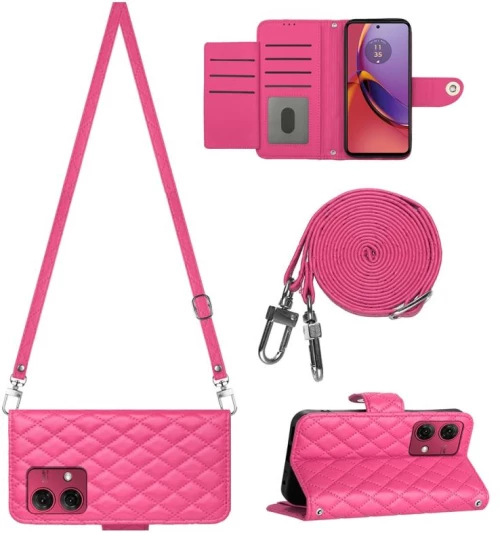Για Motorola Moto G84 Rhombic Texture Flip δερμάτινη θήκη τηλεφώνου με μακρύ κορδόνι (Rose Red)