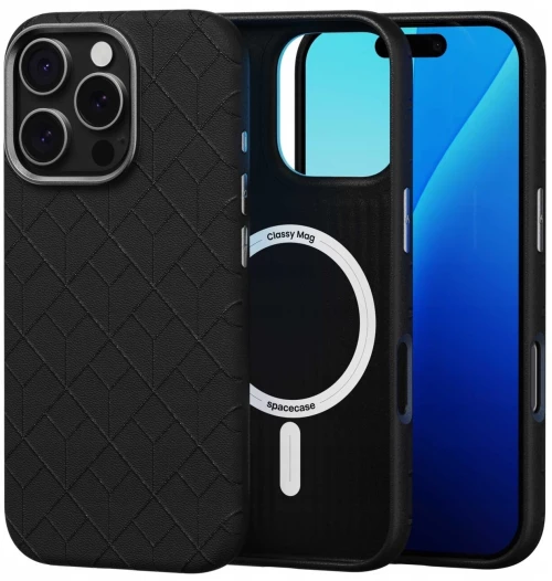 Θήκη iPhone 16 Pro Spacecase Classy Mag Σκληρή από Οικολογικό Δέρμα με MagSafe - Black (5905719112103)