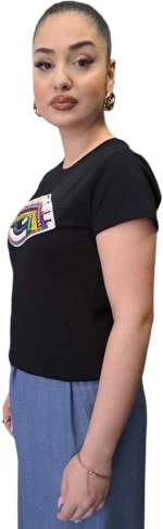 T-shirt με Κεντημένο Μάτι + Πολύχρωμα Στρας ΜΑΥΡΟ
