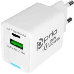 Prio Wall Charger GaN Power 45W PD PPS (USB C) + QC 3.0 (USB A) white