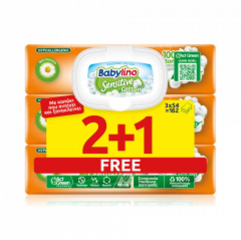 BABYLINO Μωρομάντηλα Sensitive Με Καπάκι Ασφαλείας  2+1 Δώρο 3x54