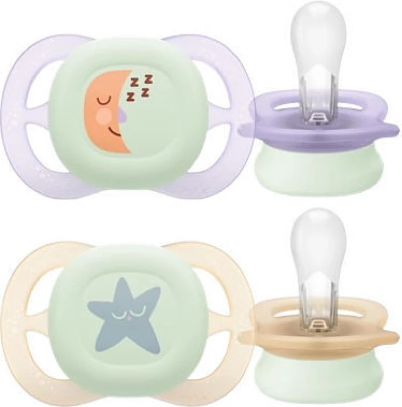 AVENT Πιπίλα Σιλικόνης Ultra Start Nighttime 0-2 Μηνών Μωβ/Πορτοκαλί 2 Τεμάχια