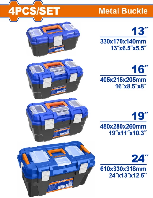 Σετ εργαλειοθήκες πλαστικές 4τμχ 13"-16"-19"-24" με μεταλλικά κουμπώματα WADFOW WTB4104