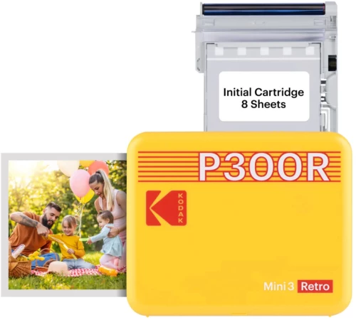 Kodak Mini 3 Retro 4PASS Smartphone Photo Printer Portable (7.6 x 7.6 cm) + 8 Sheets, Yellow