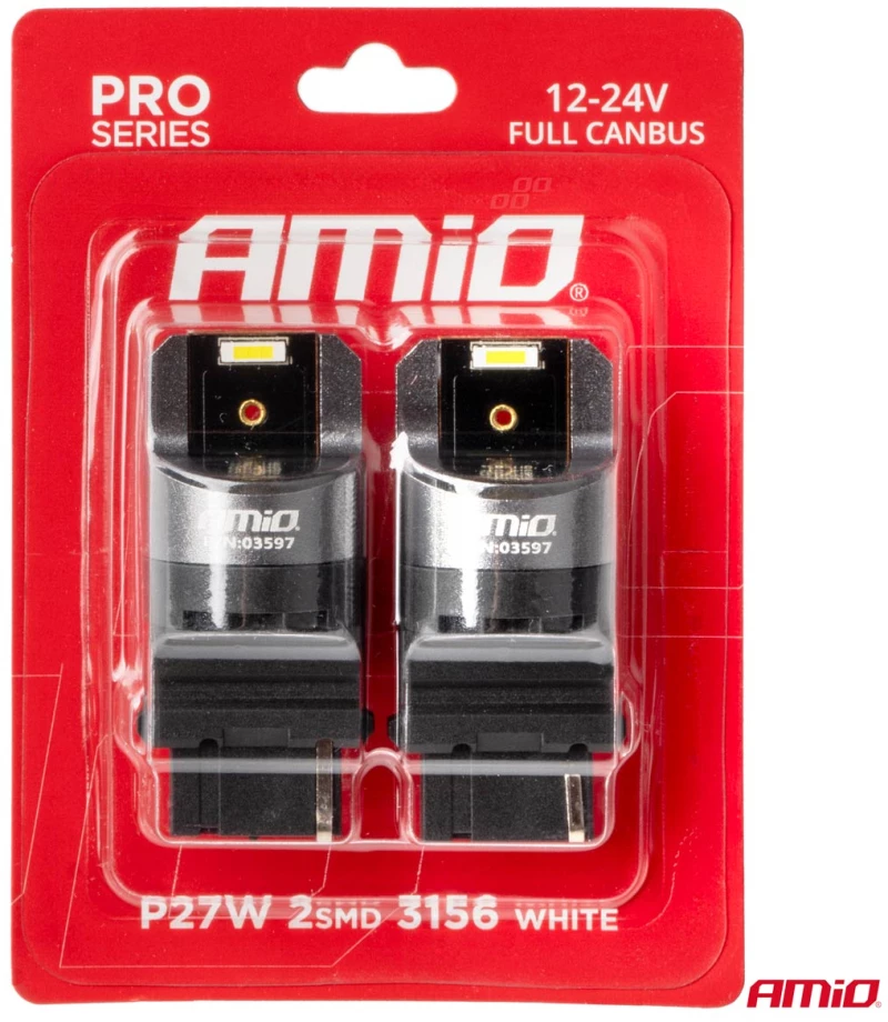 ΛΑΜΠΑΚΙΑ P27W 12/24V 6.000K 2SMD LED FULL CAN-BUS ΛΕΥΚΟ PRO SERIES AMIO - 2 Τεμ.