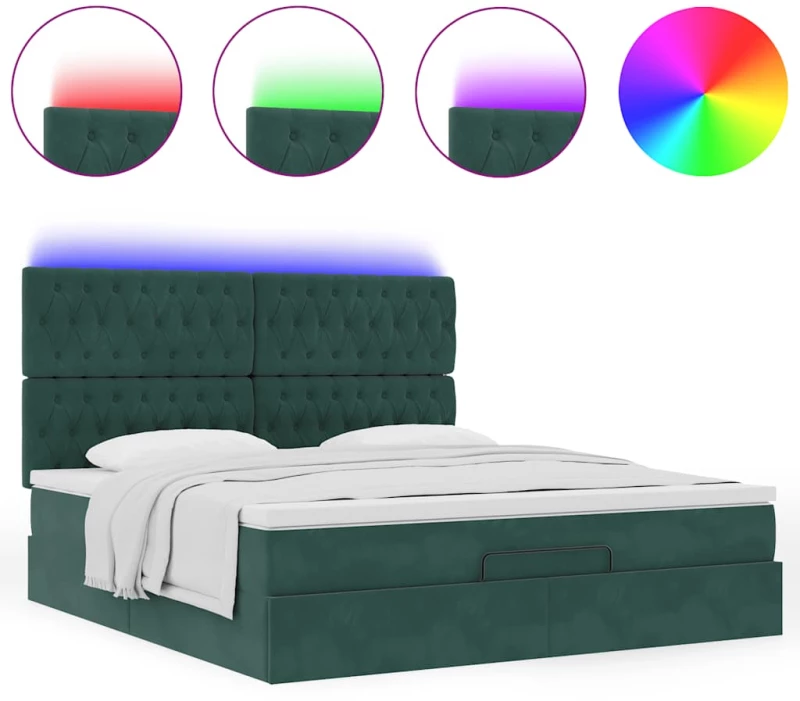 vidaXL Οθωμανικό κρεβάτι με στρώματα & LEDs Σκούρο πράσινο Βελούδο