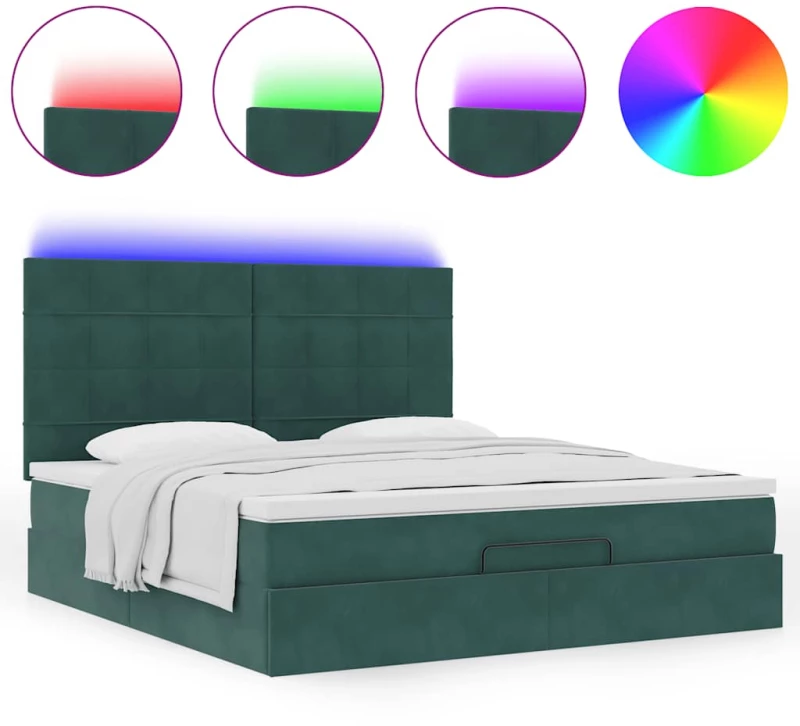 vidaXL Οθωμανικό κρεβάτι με στρώματα & LEDs Σκούρο πράσινο Βελούδο