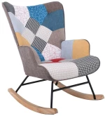 ALMA Rocking Πολυθρόνα Μπερζέρα Καθιστικού, Ύφασμα Patchwork, Βάση Μαύρο-Φυσικό
