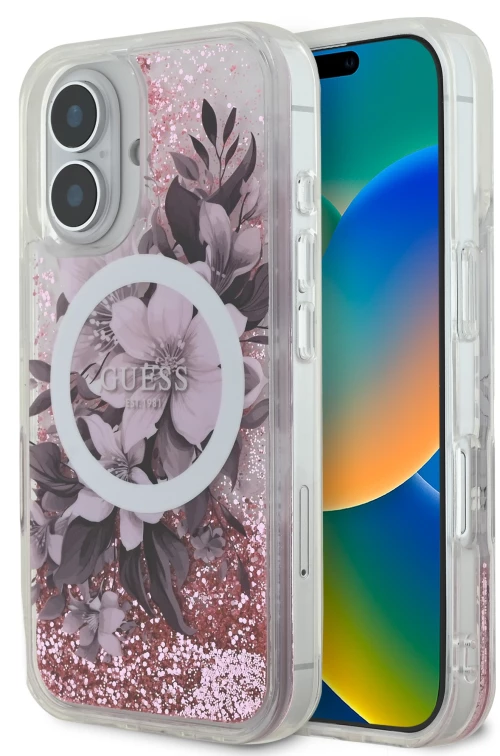 Guess Magsafe “Liquid Glitter Flower" Hard Case Θήκη προστασίας από σκληρό πλαστικό – iPhone 16 Ροζ – GUHMP16SLFMWTP