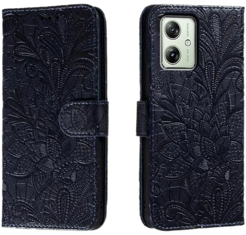 Για Motorola Moto G54 Lace λουλούδι ανάγλυφο Flip δερμάτινη θήκη τηλεφώνου (σκούρο μπλε)