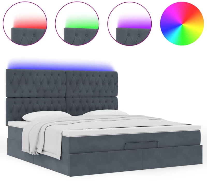 vidaXL Οθωμανικό κρεβάτι με στρώματα & LEDs Σκούρο γκρι Βελούδο