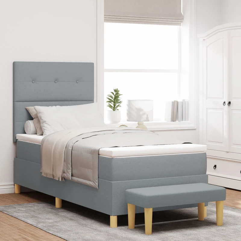 Κρεβάτι Box Spring με Στρώμα & Πάγκο vidaXL Γκρι Ανοιχτό 100x200 εκ. Ύφασμα
