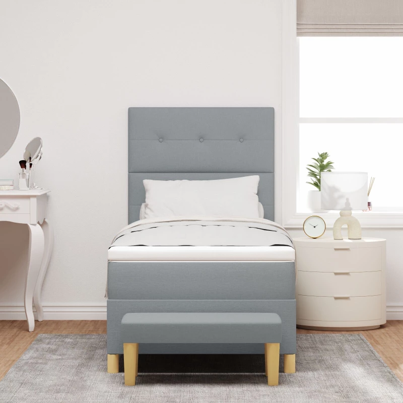 Κρεβάτι Box Spring με Στρώμα & Πάγκο vidaXL Γκρι Ανοιχτό 100x200 εκ. Ύφασμα