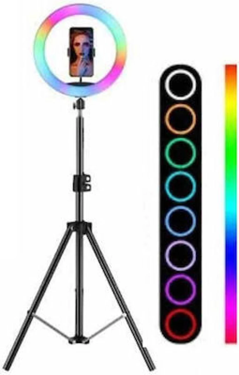 RGB Ring Light RGB 26cm με Τρίποδο Δαπέδου και Βάση για Κινητό - Μαύρο