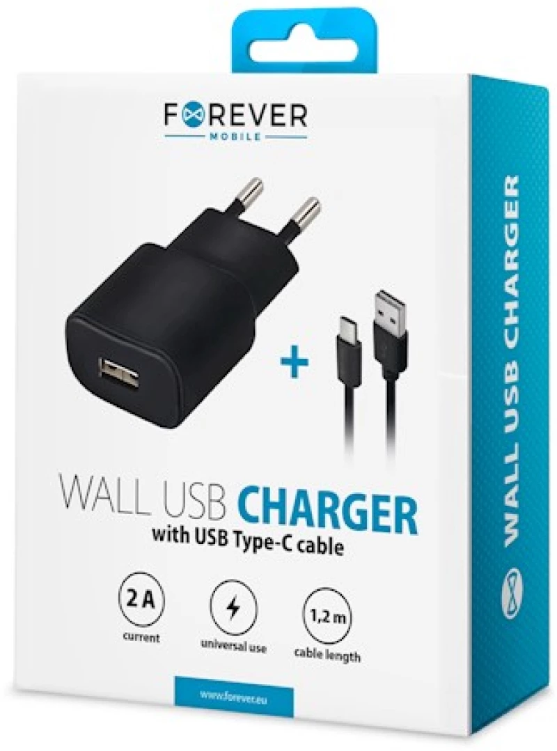 Σετ Φορτιστής Σπιτιού FOREVER TC-01 Usb 2A με Καλώδιο Type C 1.2 Μέτρα - Μαύρο