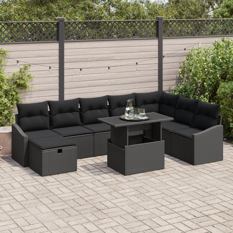 vidaXL Σετ Κήπου 9 Τεμαχίων με Μαξιλάρια Μαύρο Πολυ Ρατάν