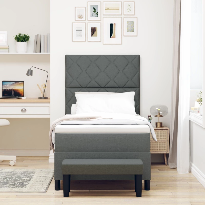 vidaXL Κρεβάτι Box Spring με Στρώμα & Πάγκο Σκούρο Γκρι 90x190 εκ Ύφασμα