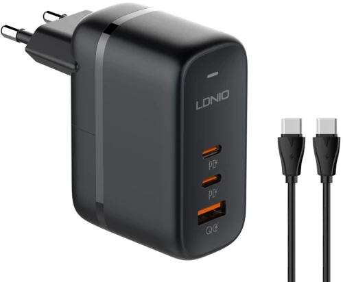 LDNIO φορτιστής τοίχου Q366 με καλώδιο, USB/2x USB-C, 65W, GaN, μαύρος