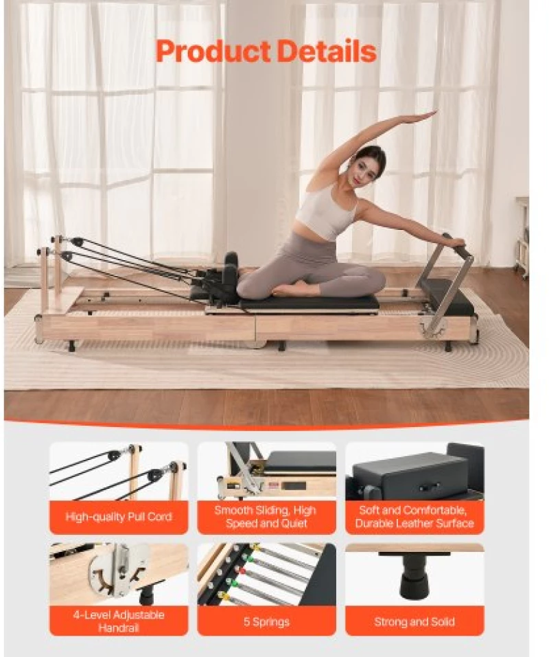 VEVOR Foldable Pilates Reformer Wooden Pilates Machine Home Gym Equipment