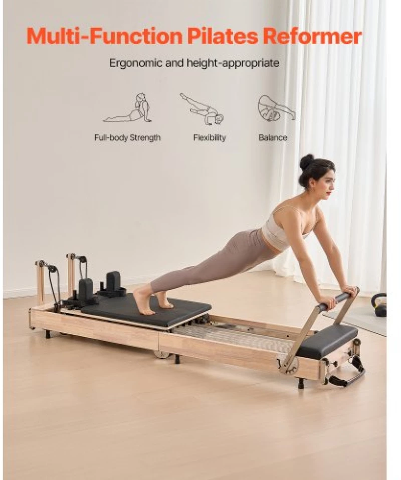 VEVOR Foldable Pilates Reformer Wooden Pilates Machine Home Gym Equipment