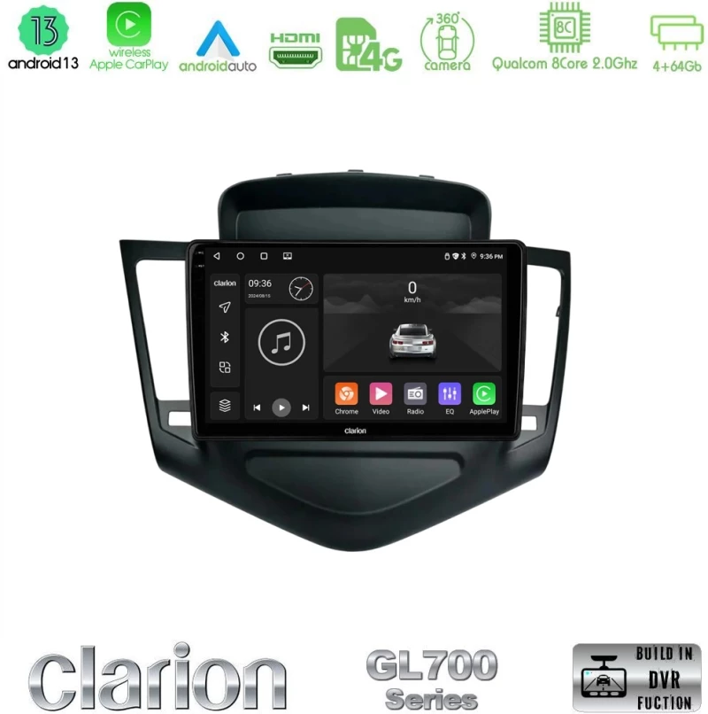 Clarion Gl700 Series 8core Android13 4+64gb Chevrolet Cruze 2009-2012 Navigation Multimedia Tablet 9" με Carplay & Android Auto u-gl7-Cv0045