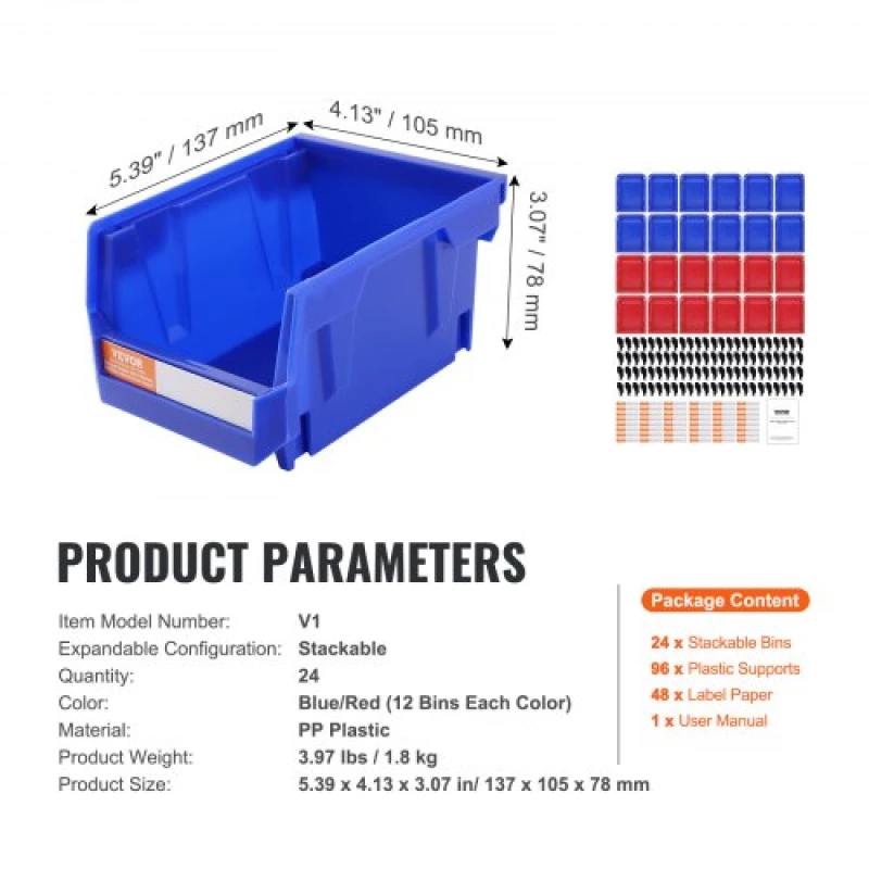 VEVOR Plastic Storage Bin, (5-Inch x 4-Inch x 3-Inch), Hanging Stackable Storage Organizer Bin, Blue/Red, 24-Pack, Heavy Duty Stacking Containers for Closet, Kitchen, Office, or Pantry Organization