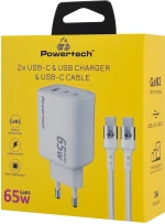 POWERTECH φορτιστής τοίχου PT-1415 με καλώδιο, USB/2x USB-C, 65W, GaN, λευκός