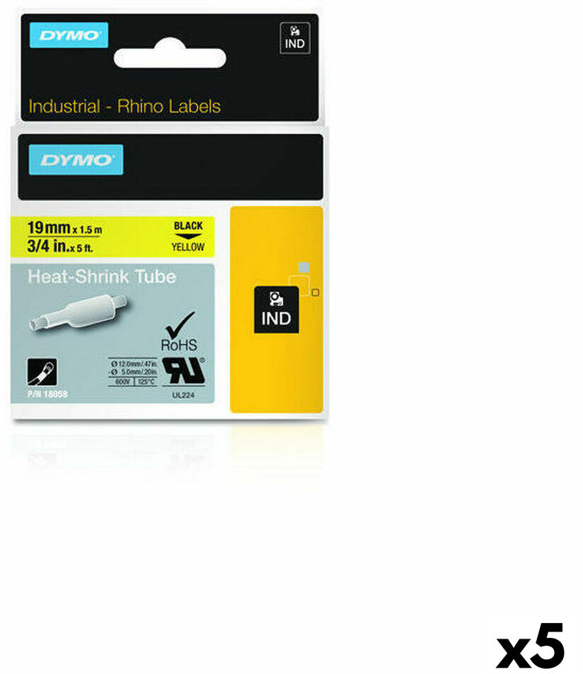 Πλαστικοποιημένη Ταινία για Στυλό Dymo 19 mm x 1,5 m Μαύρο Κίτρινο (5 Μονάδες)