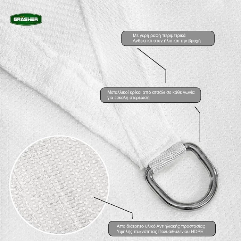 Grasher Ε220 Πανί σκίασης τρίγωνο με κρίκους 180gr/m²  5x5x5m Λευκό / 103789