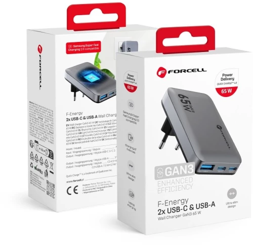 FORCELL F-ENERGY GaN III VT-47 Ultra Slim travel charger 2 x Type C + USB A PD QC4.0 4A 65W gray