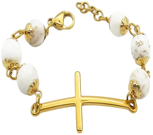 Ατσάλινο Βραχιόλι με Λευκές Χάντρες και Χρυσό Σταυρό (B3424)