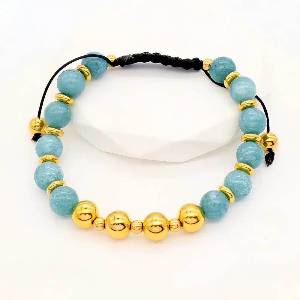 Ατσάλινο Βραχιόλι Μακραμέ με Τυρκουάζ & Χρυσές Χάντρες (B3442)