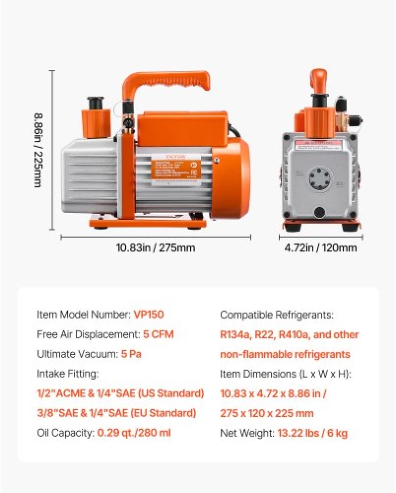 VEVOR Vacuum Pump 5 CFM HVAC Single Stage Rotary Vane Vacuum Pump Oil Included
