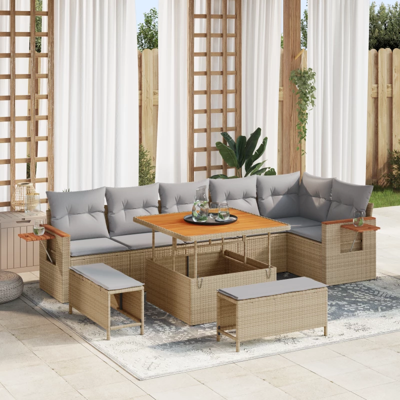 vidaXL 9 Τμήμα Σαλονιού Κήπου με Μαξιλάρια Μπεζ Poly Rattan Acacia