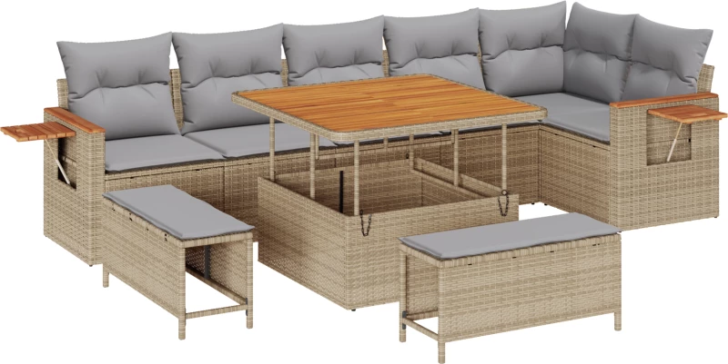 vidaXL 9 Τμήμα Σαλονιού Κήπου με Μαξιλάρια Μπεζ Poly Rattan Acacia