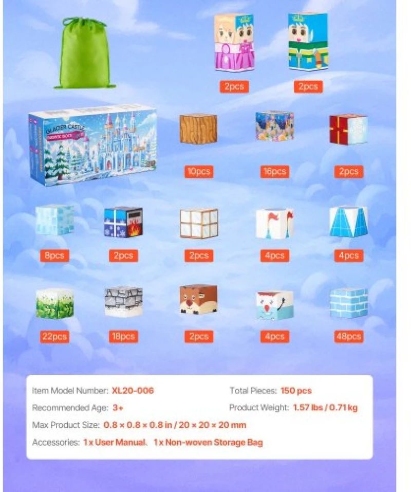 VEVOR Magnetic Blocks 150 PCS Glacier Castle Set STEM Montessori Sensory Toys