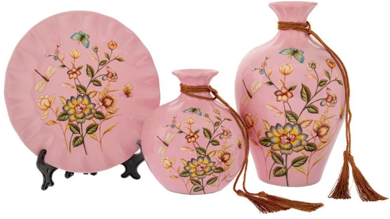 Βάζα Με Πιάτο (Σετ 3Τμχ) 88566 Pink Κεραμικό
