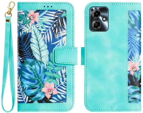 For Motorola Moto G14 Floral Pattern Leather Phone Case with Lanyard(Green)