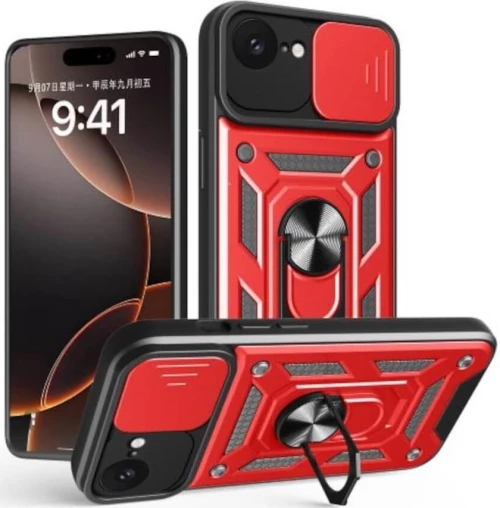 Θήκη iPhone 16e Bodycell Armor Slide Ανθεκτική με Κάλυμμα για την Κάμερα & Μεταλλικό Ring Holder - Red (5206015080173)