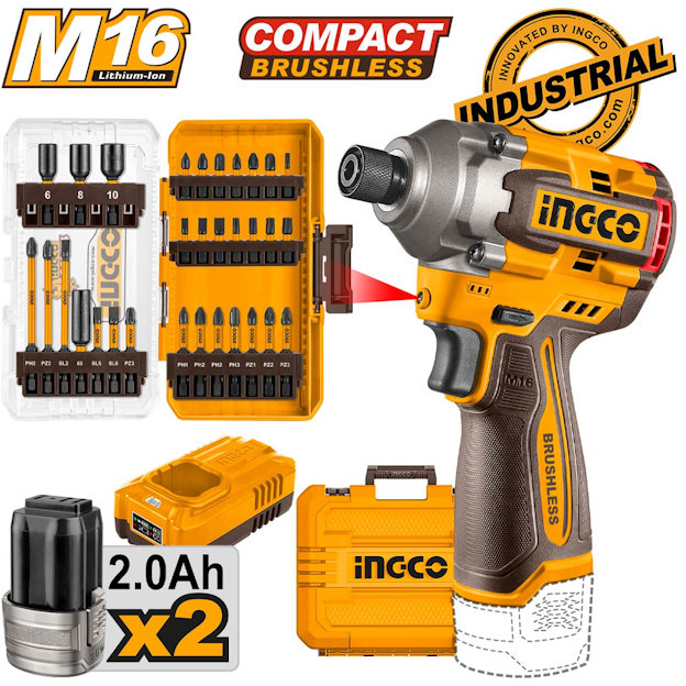 Κατσαβίδι παλμικό compact μπαταρίας 16V / 170Nm με 2x μπαταρίες 2.0Ah, φορτιστή & 31 τμχ μύτες impact σε βαλίτσα COSLI241083E INGCO