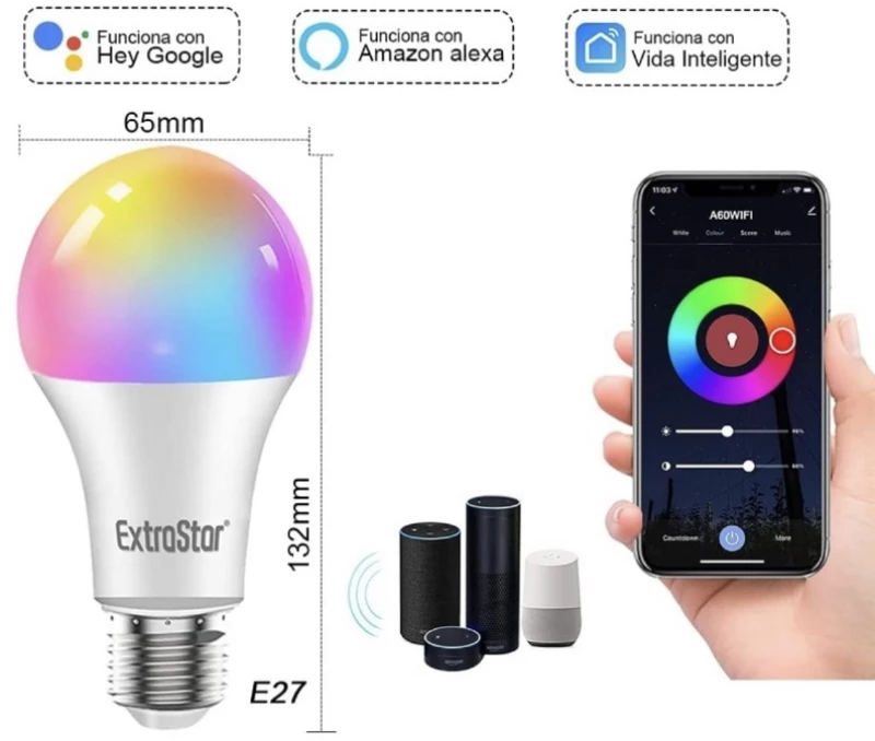 Bombilla Led RGB WIFI E27 10W 800LM ExtraStar A60Wifi Για Android/IOS