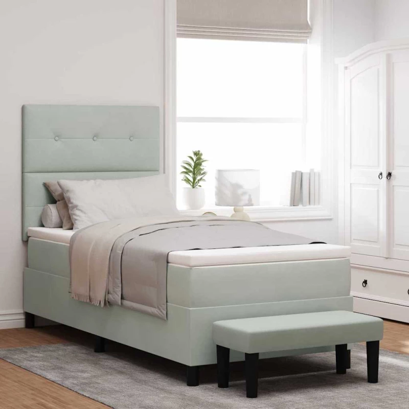 vidaXL Κρεβάτι Box Spring με στρώμα & πάγκο Ανοιχτό γκρι 100x200 εκ Βελούδο