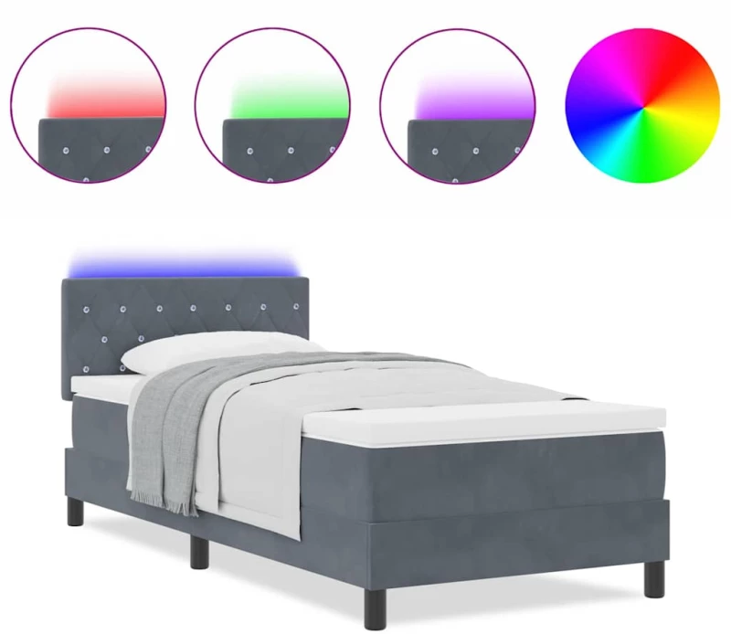 κρεβάτι box spring vidaXL με στρώμα και LED σκούρο γκρι 100x200 εκ. βελούδο