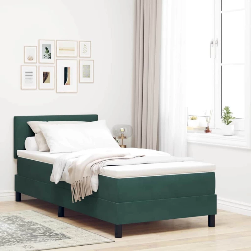 κρεβάτι box spring με στρώμα & LED vidaXL Σκούρο Πράσινο 100x200 εκ. Βελούδο