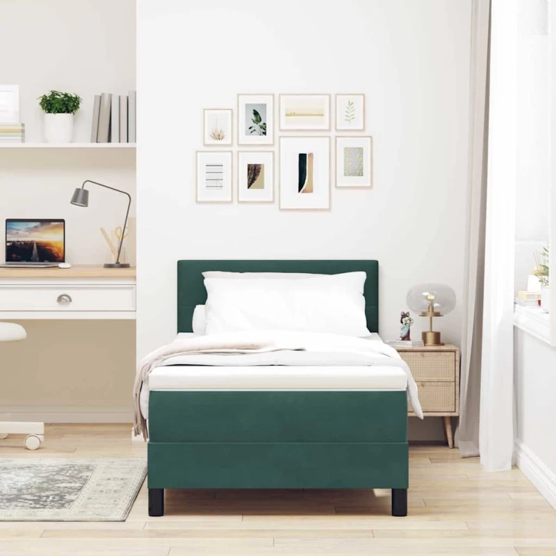 κρεβάτι box spring με στρώμα & LED vidaXL Σκούρο Πράσινο 100x200 εκ. Βελούδο
