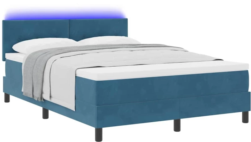 vidaXL Κρεβάτι Box Spring με Ματρύτα & LED Σκούρο Μπλε 140x200 εκ Βελούδο
