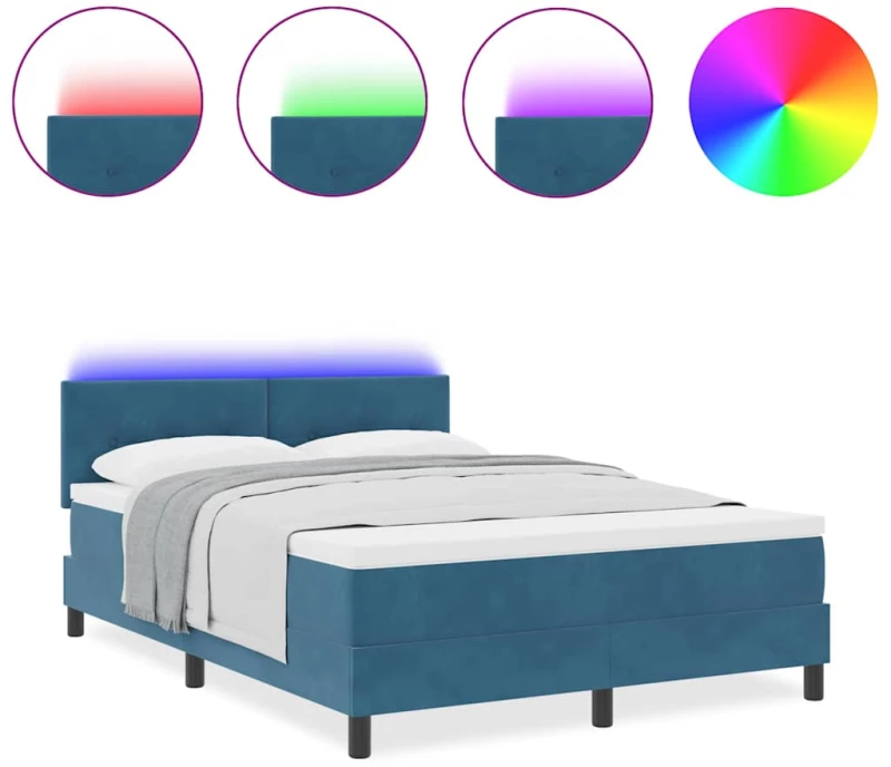 vidaXL Κρεβάτι Box Spring με Ματρύτα & LED Σκούρο Μπλε 140x200 εκ Βελούδο