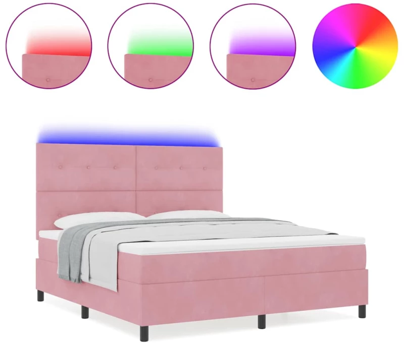 vidaXL Κιβώτιο Κρεβάτι με Στρώμα & LED Ροζ 180x200 εκ Βελούδο